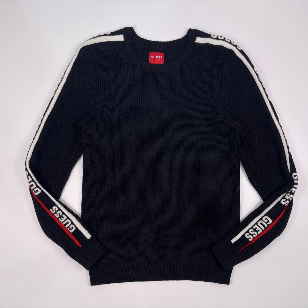GUESS Black Waffle Knit Logo Stripe Sweater Men’s Medium